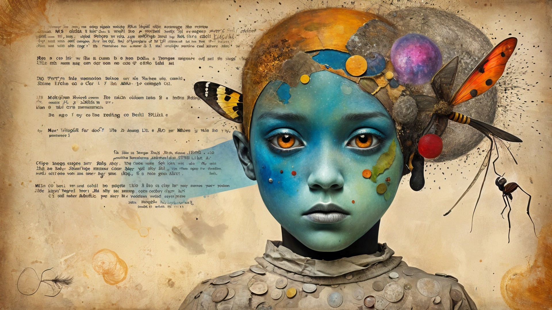 Surreal Portrait of a Girl with Blue Skin and Nature Elements