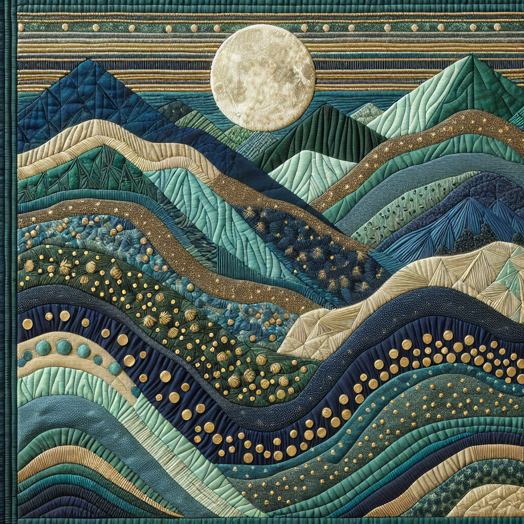 Vibrant Quilt Artwork of Mountains Under Full Moon