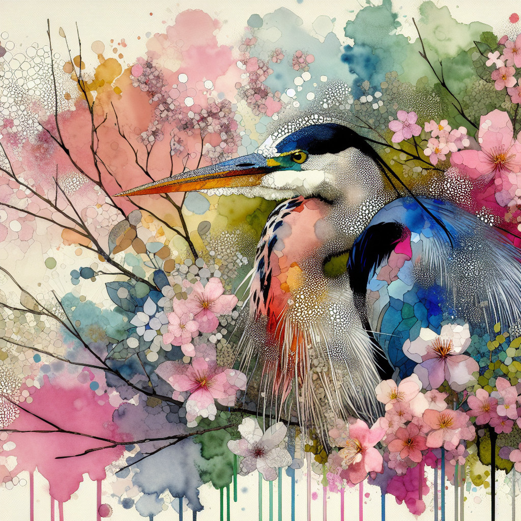 Watercolor Illustration of Heron Among Cherry Blossoms
