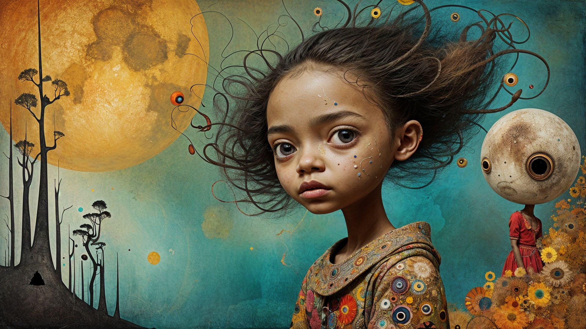 Whimsical Surreal Landscape with Golden Moon and Girl