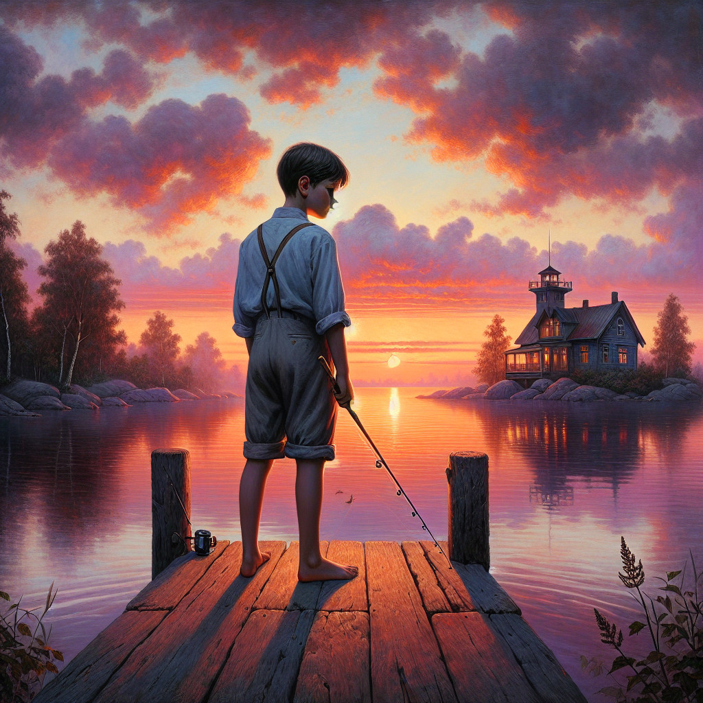 Boy Fishing at Sunset on a Calm Lake Pier