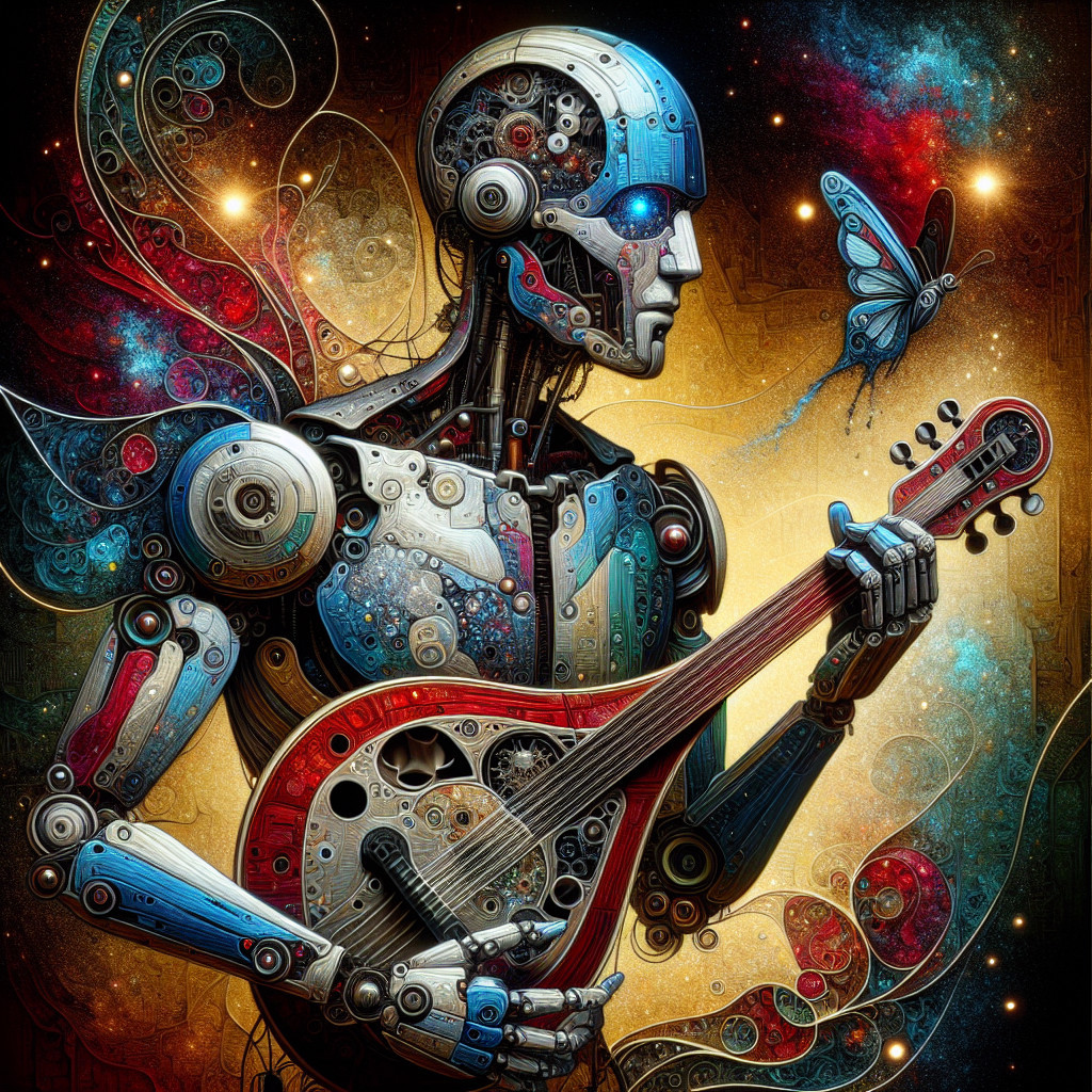 Steampunk Robot Playing Lute with Galaxy Background