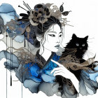 Serene Woman in Traditional Attire with Black Cat