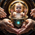 Futuristic Scene of Baby in Mechanical Cradle