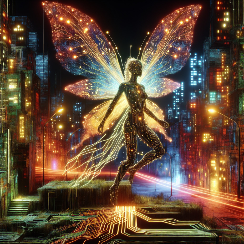 Futuristic Cybernetic Butterfly in Urban Landscape