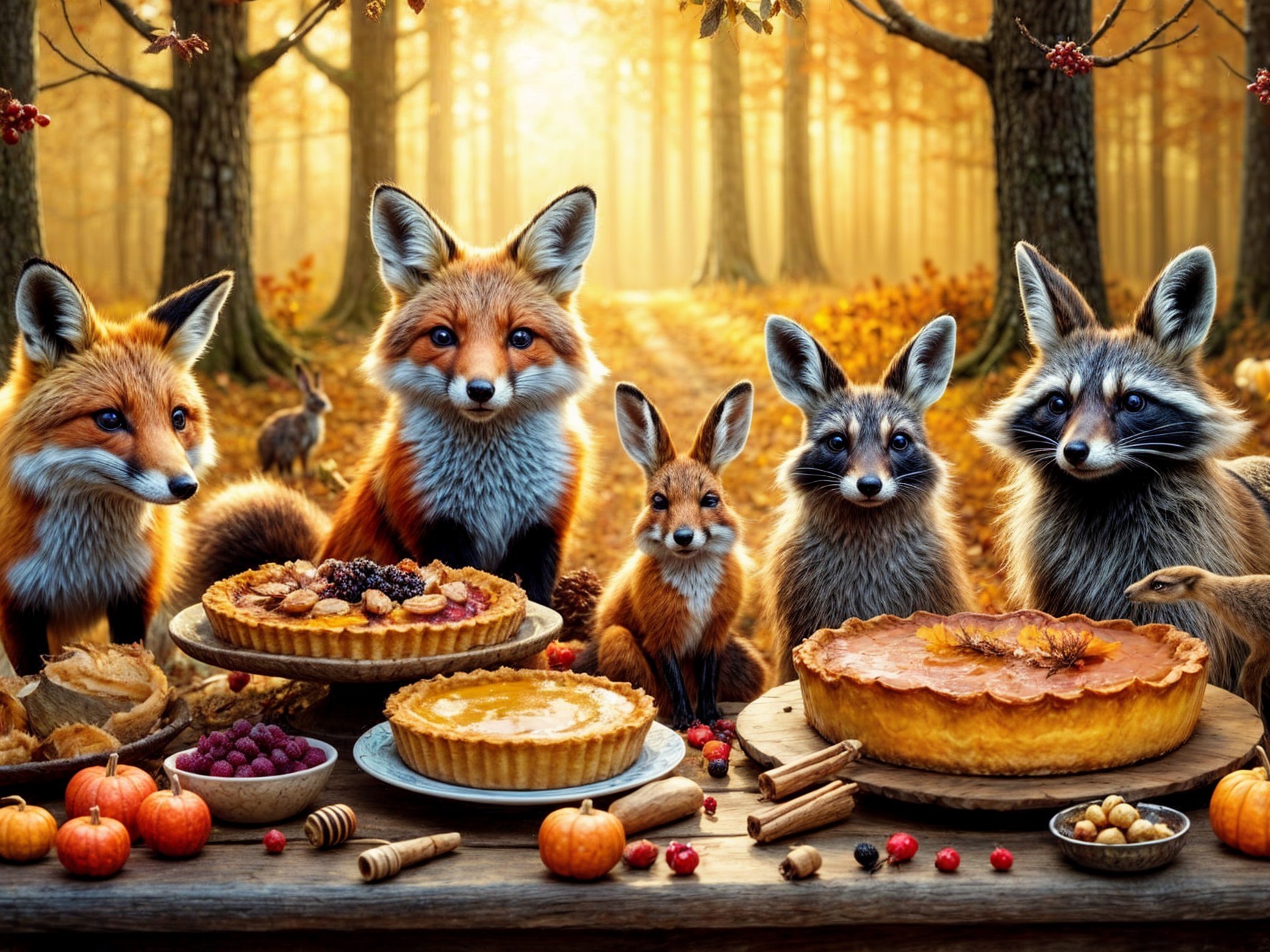 Woodland Animals Enjoy Autumn Feast in Forest Setting