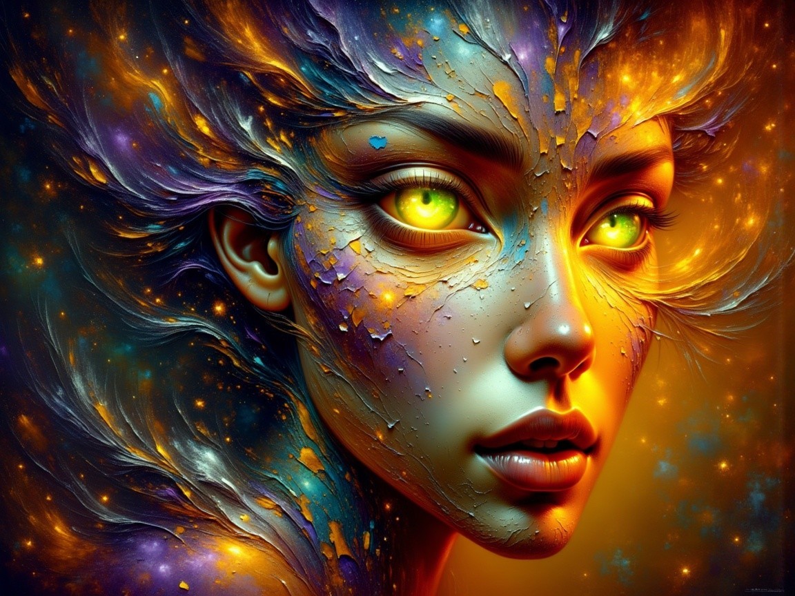 Portrait of a female figure with vibrant, glowing eyes