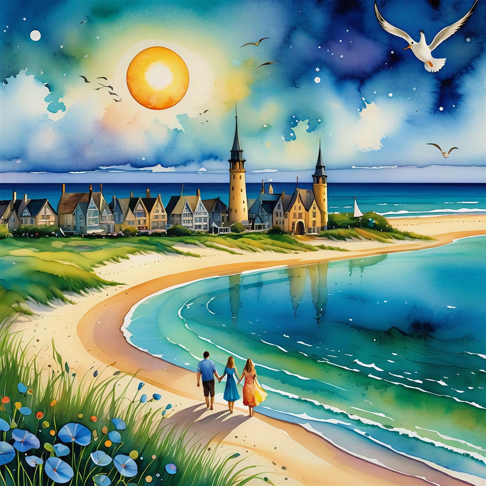 Watercolor Painting of a Tranquil Shoreline Scene