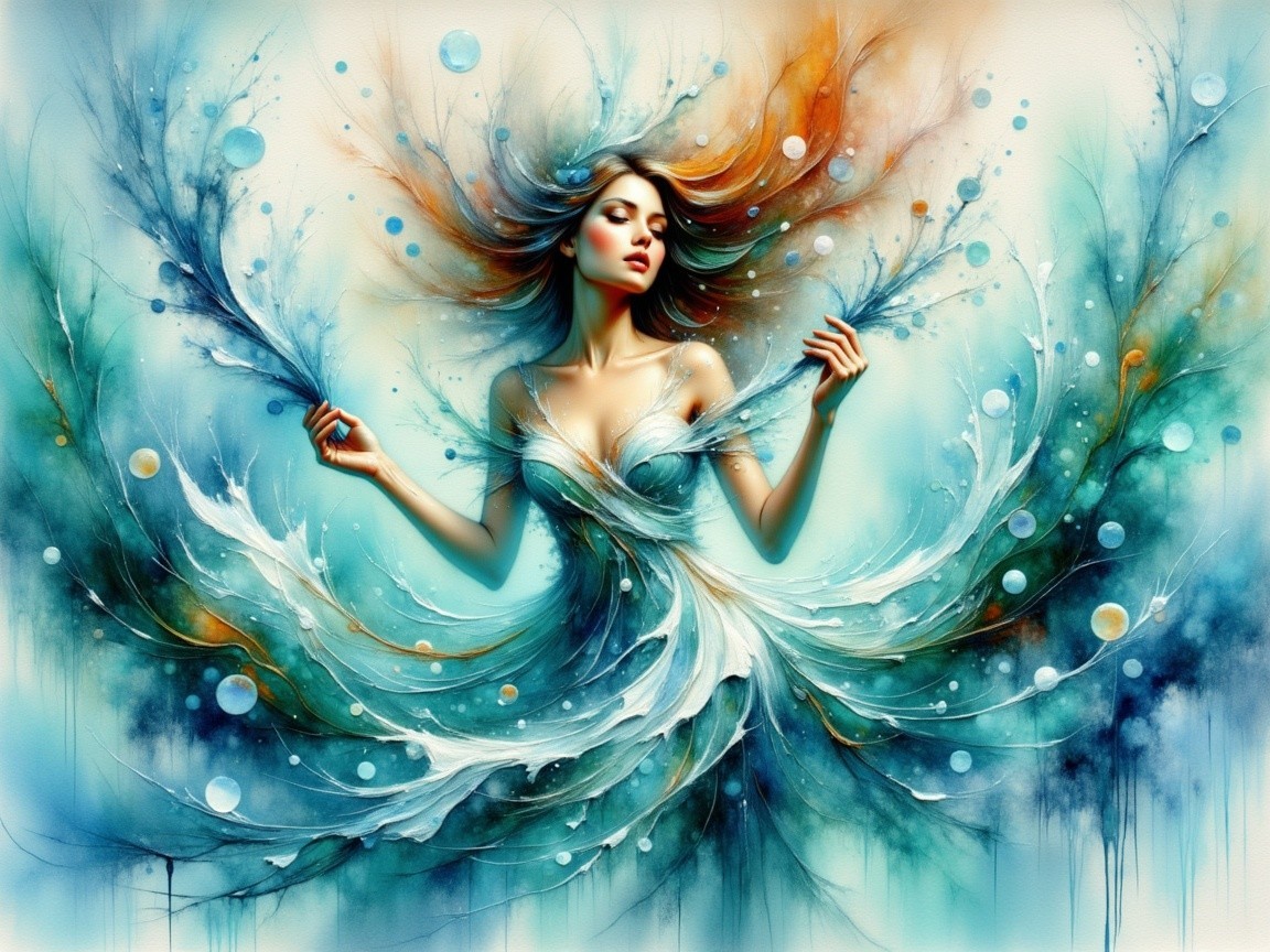 Ethereal Woman in Flowing Blue and Aqua Hues
