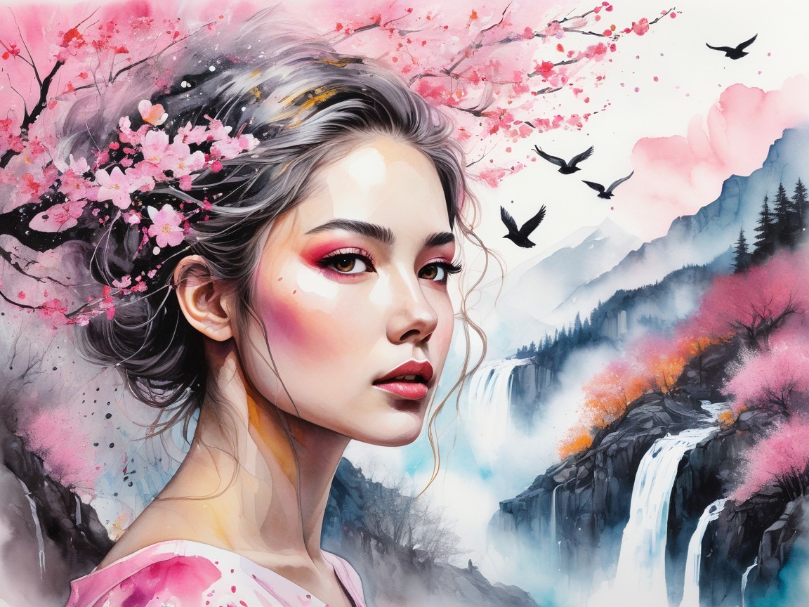 Young Woman with Cherry Blossoms and Waterfalls