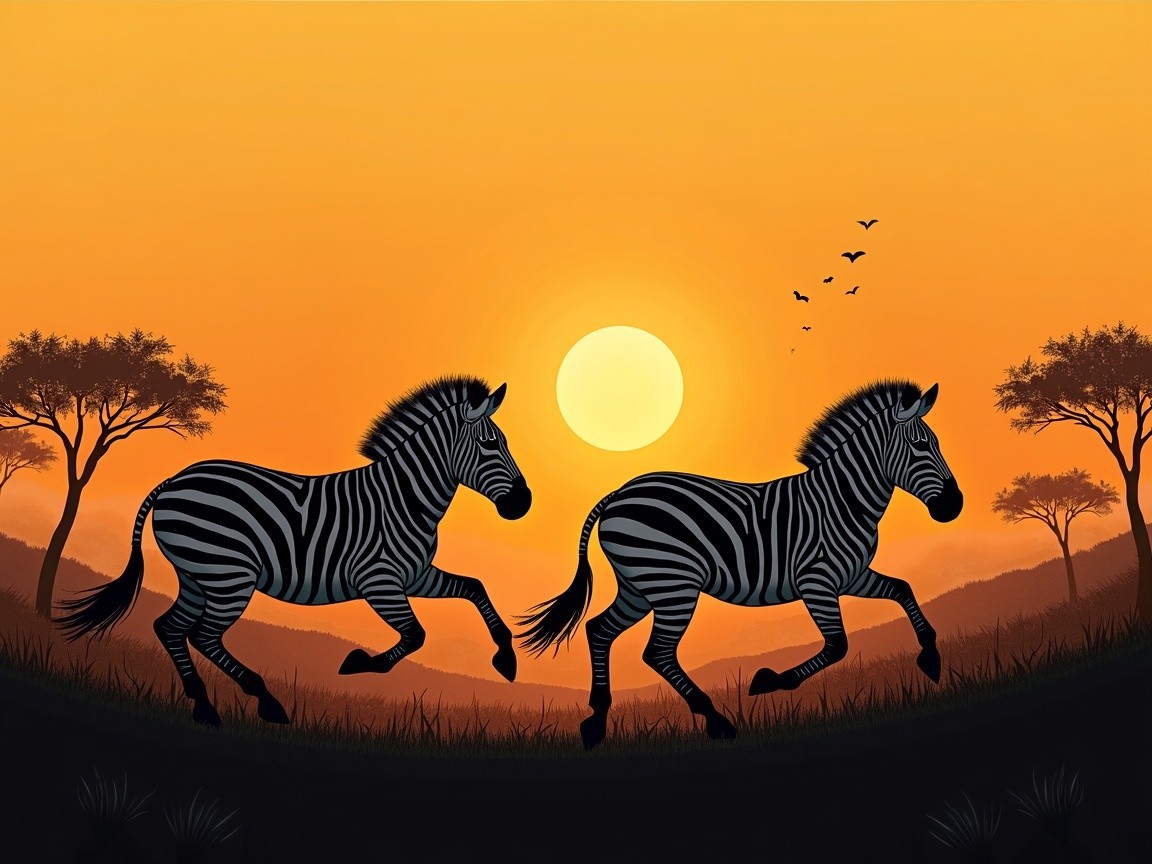 Zebras Galloping at Sunset in Grassy Landscape