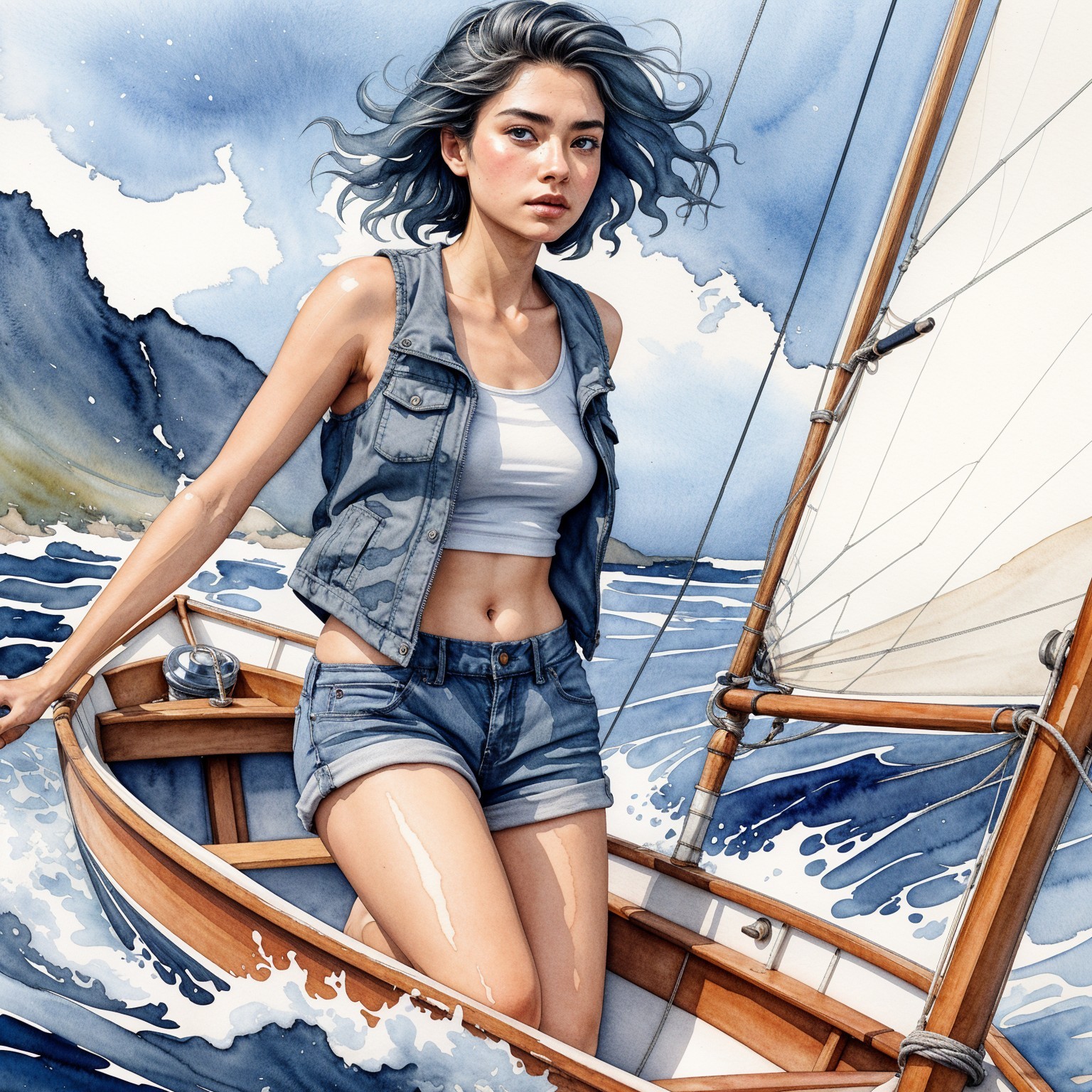 Young Woman Sailing Through Dynamic Ocean Waves