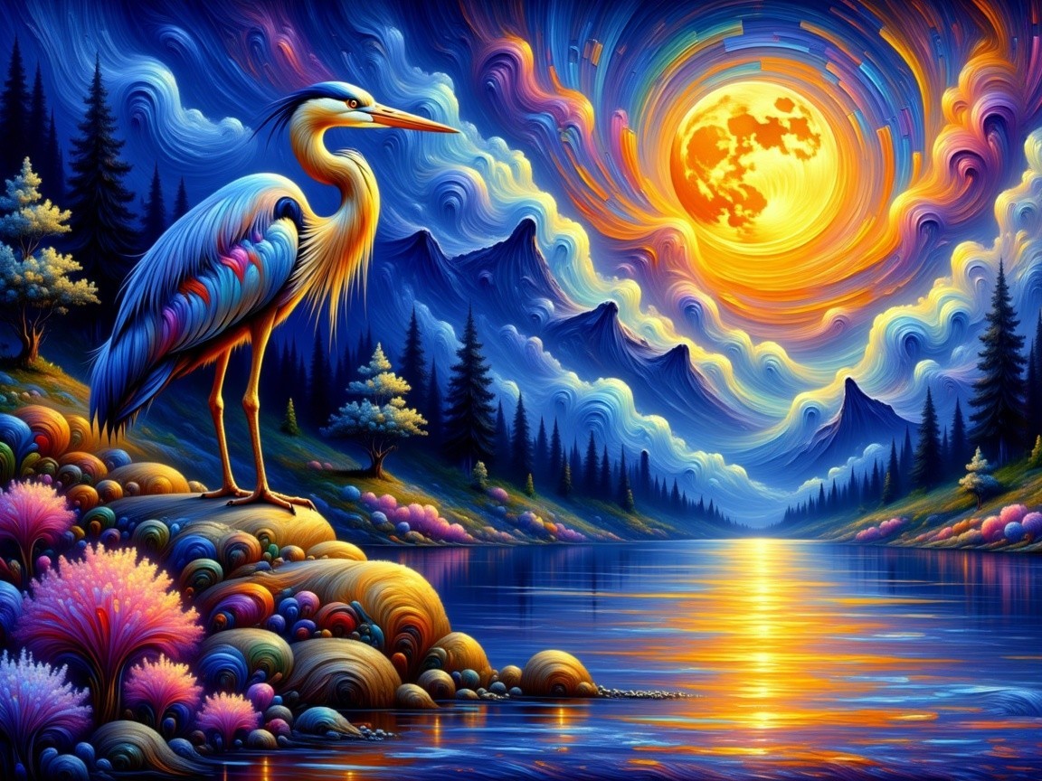 Vibrant Landscape with Heron by Shimmering Lake