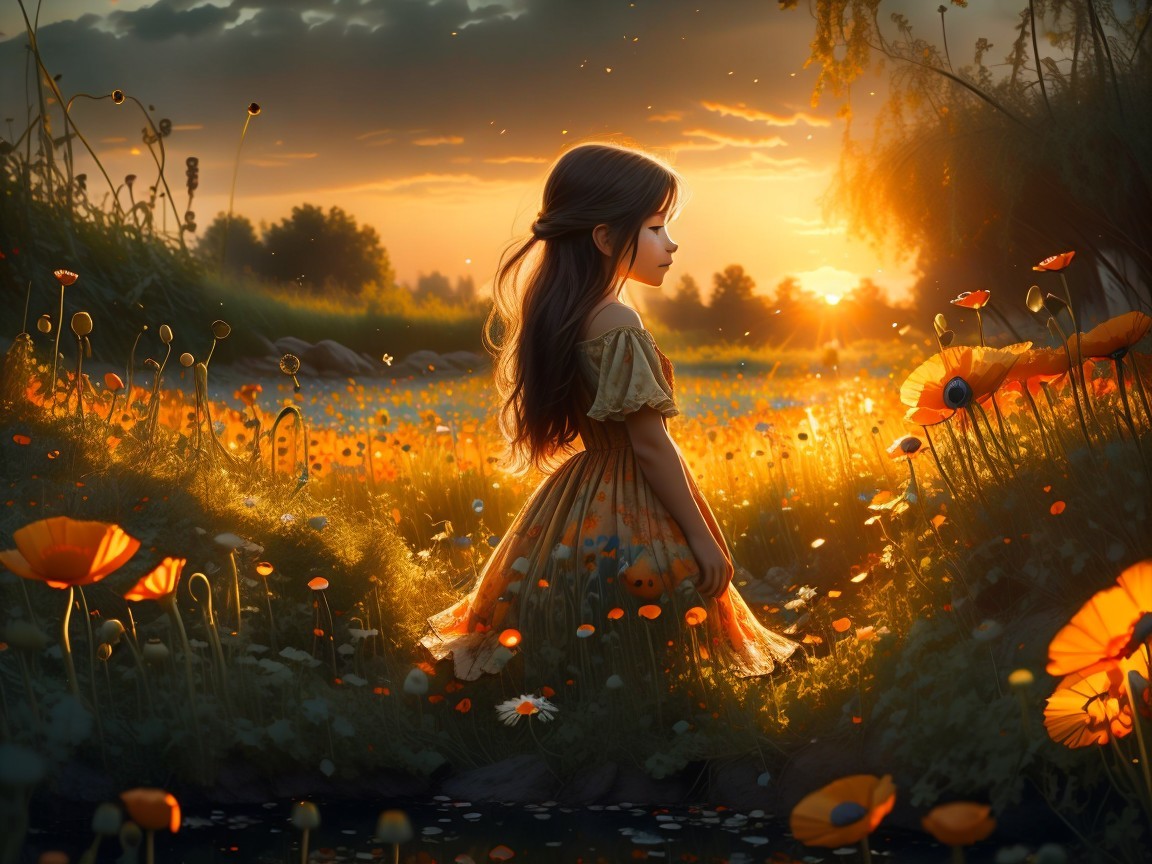 Young girl in a meadow at sunset with flowers