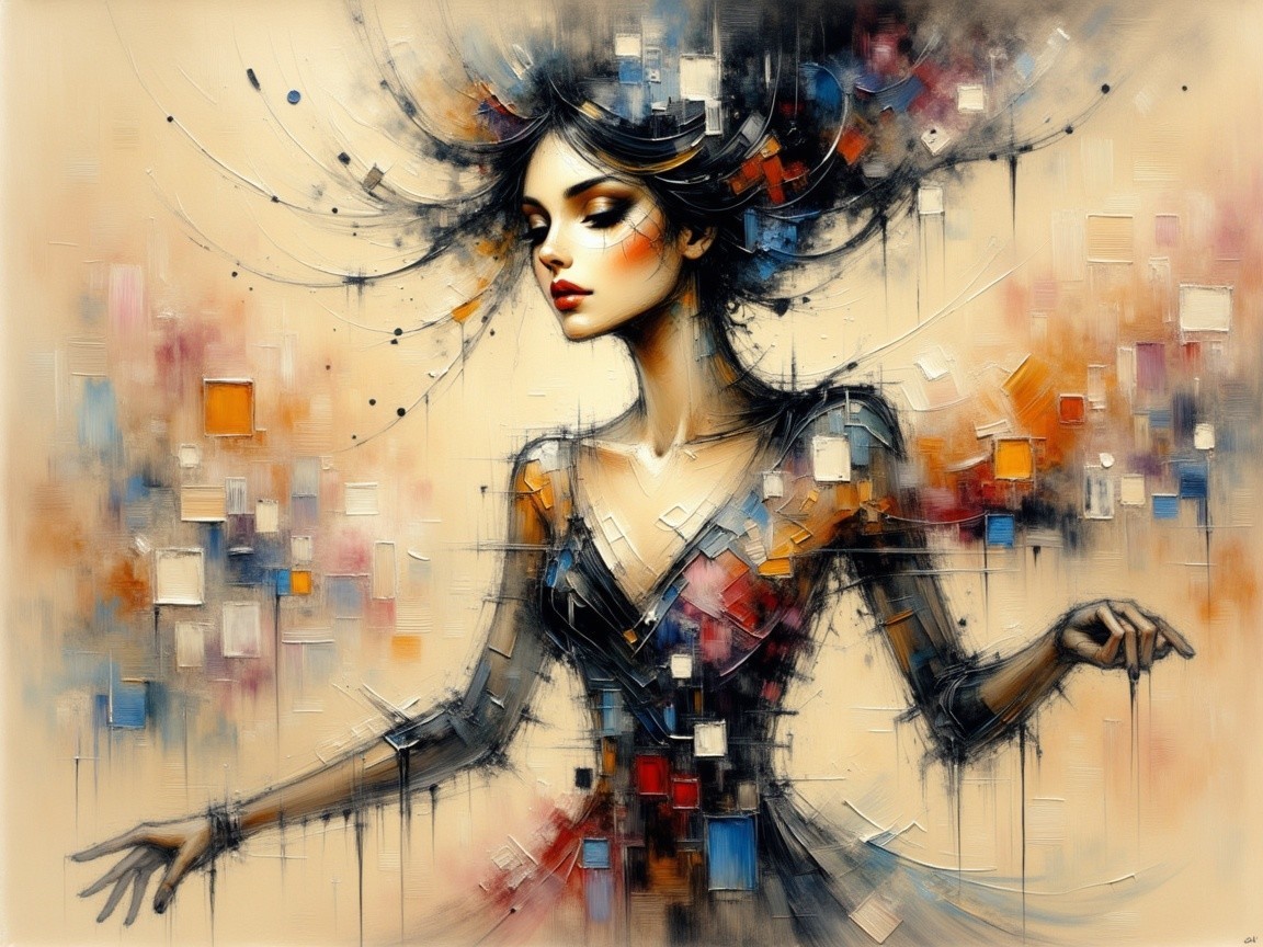 Elegant Woman Surrounded by Abstract Colorful Shapes