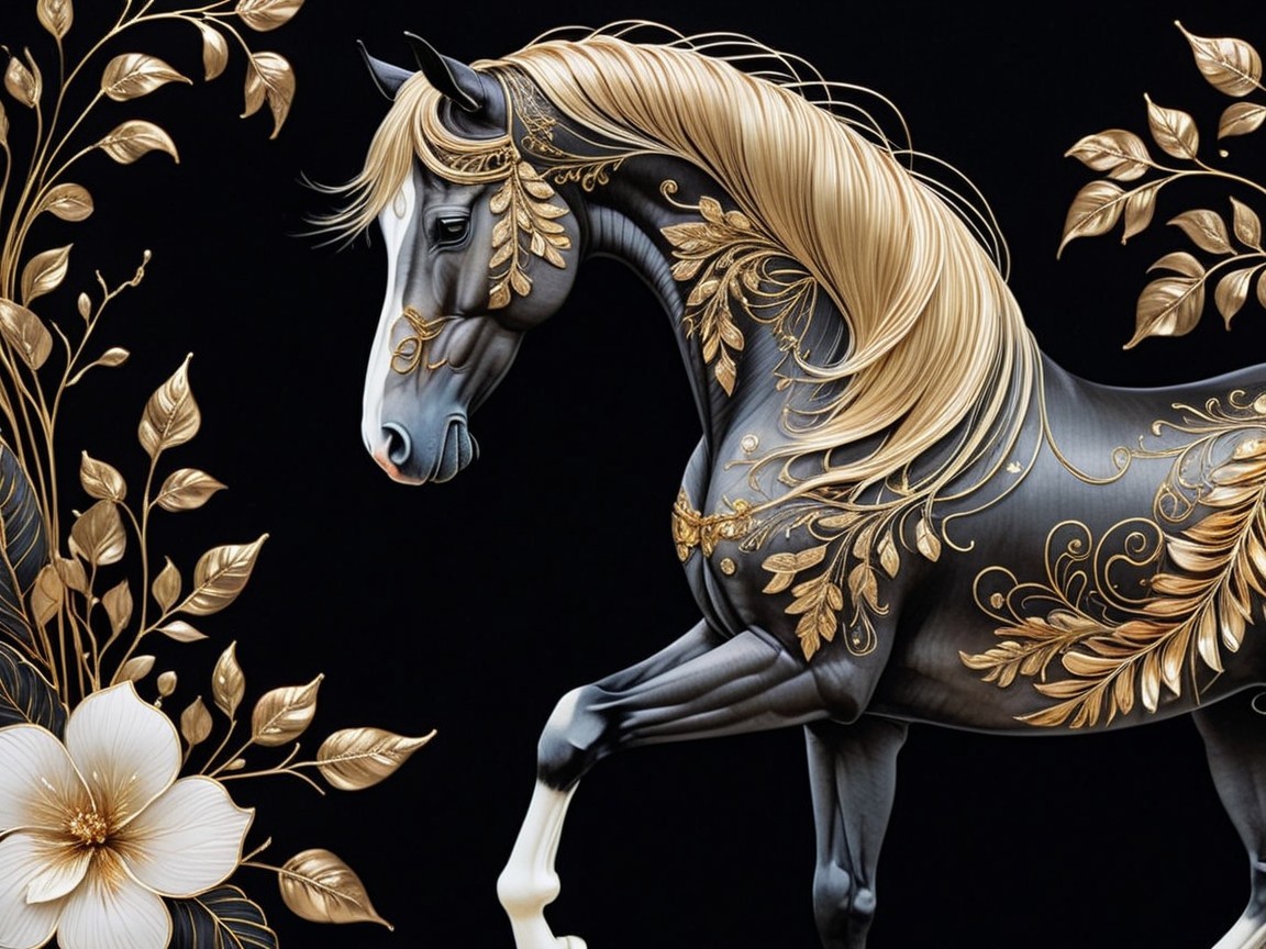 Majestic Black Horse with Floral Golden Mane