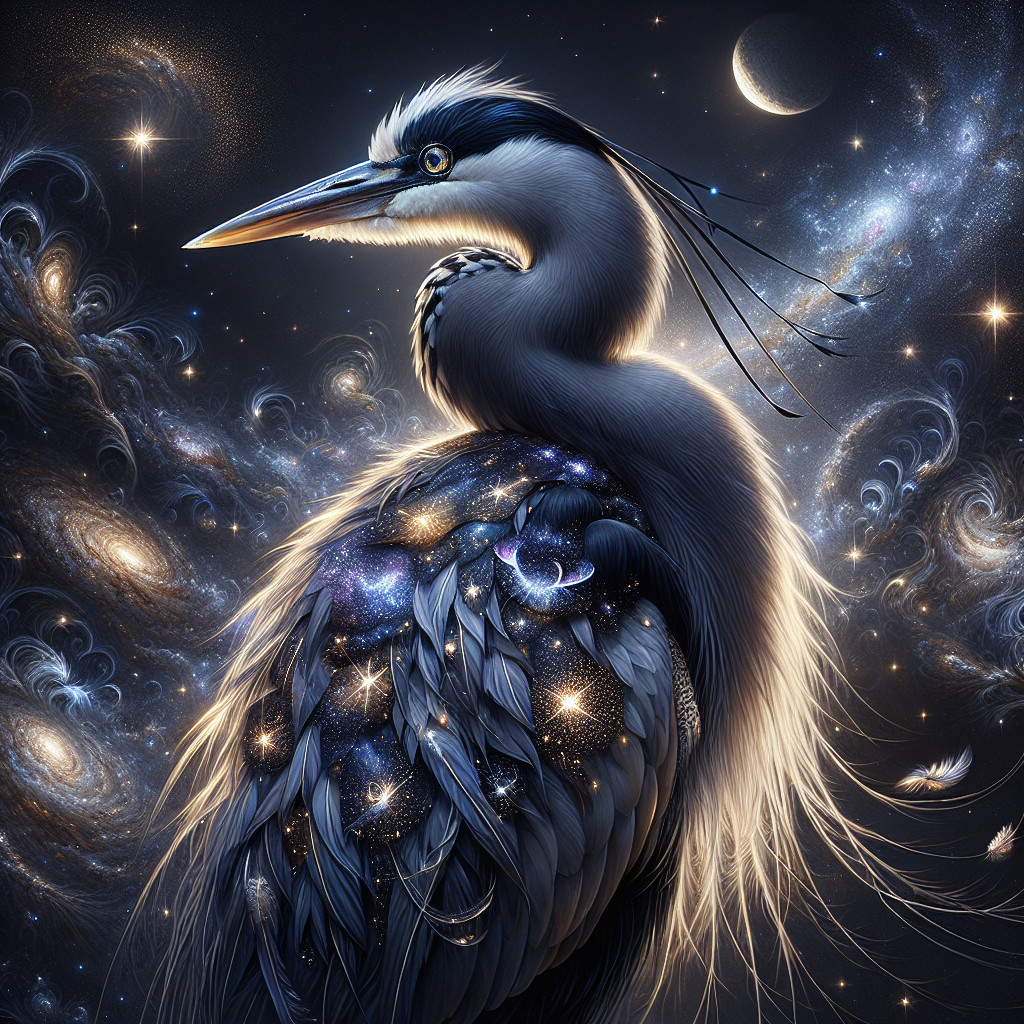 Heron with Cosmic Feathers in a Celestial Scene