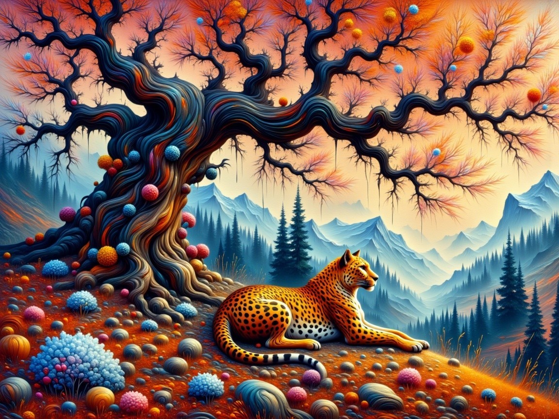 Vibrant landscape with leopard and abstract tree