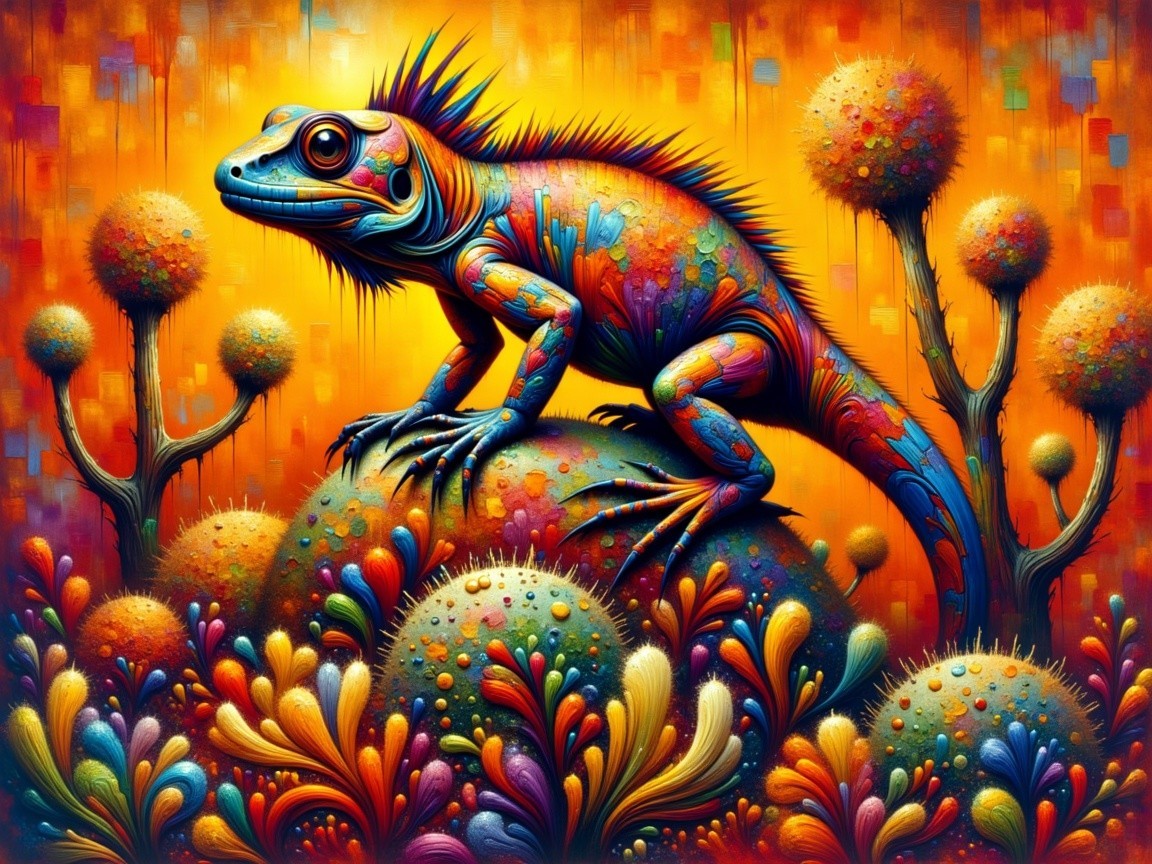 Vibrant Iguana in a Colorful Surreal Landscape