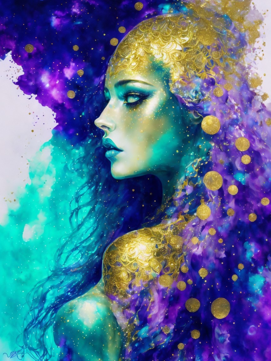 Ethereal Portrait of Woman in Shimmering Gold Patterns