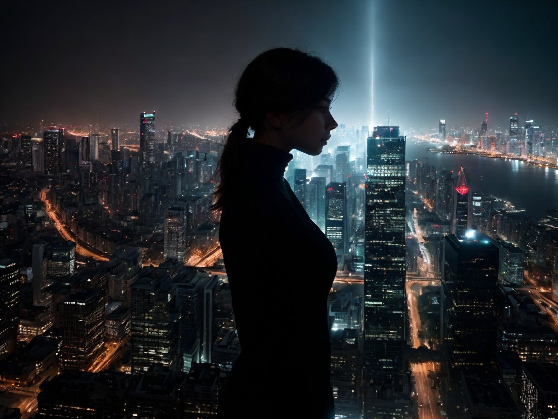 Silhouette of a woman with a vibrant cityscape at night