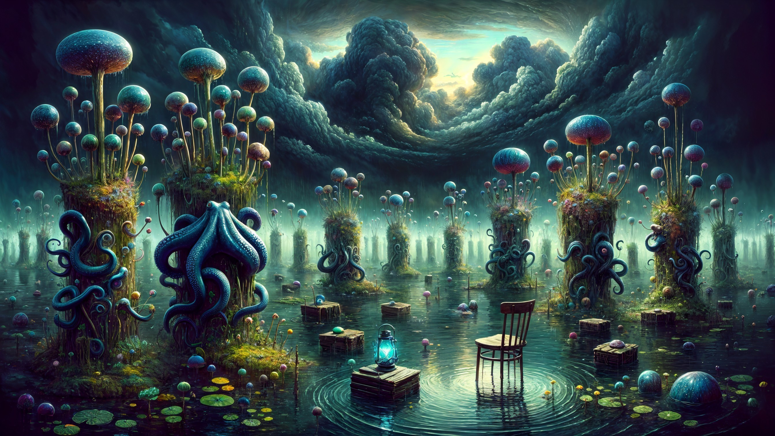 Surreal landscape with luminescent fungi and creatures