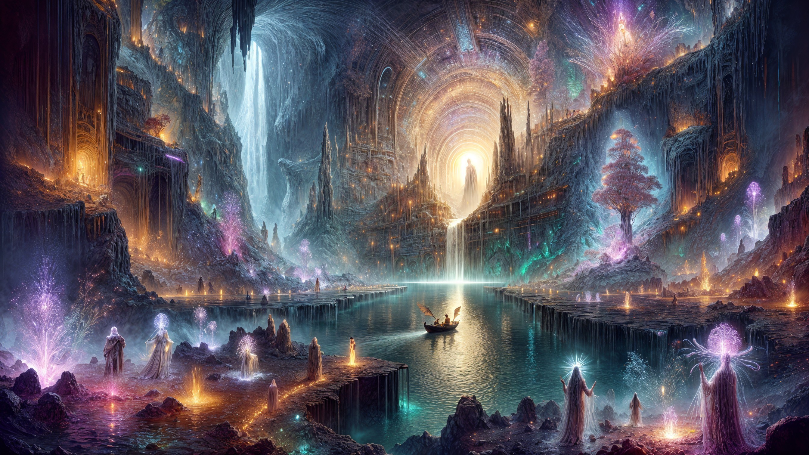 Ethereal Underground Cavern with Glowing Crystals