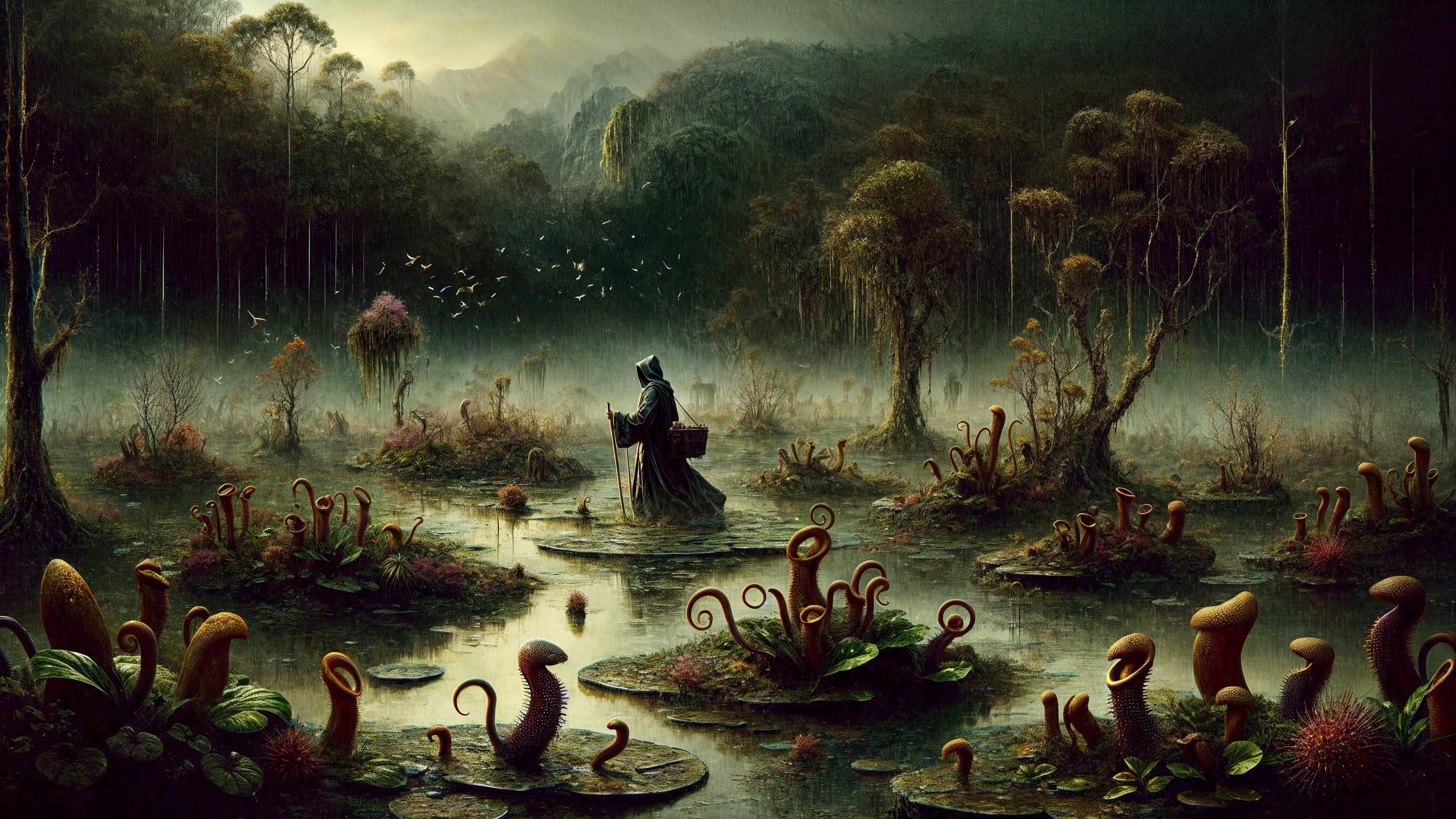 Cloaked Figure in a Surreal Misty Landscape