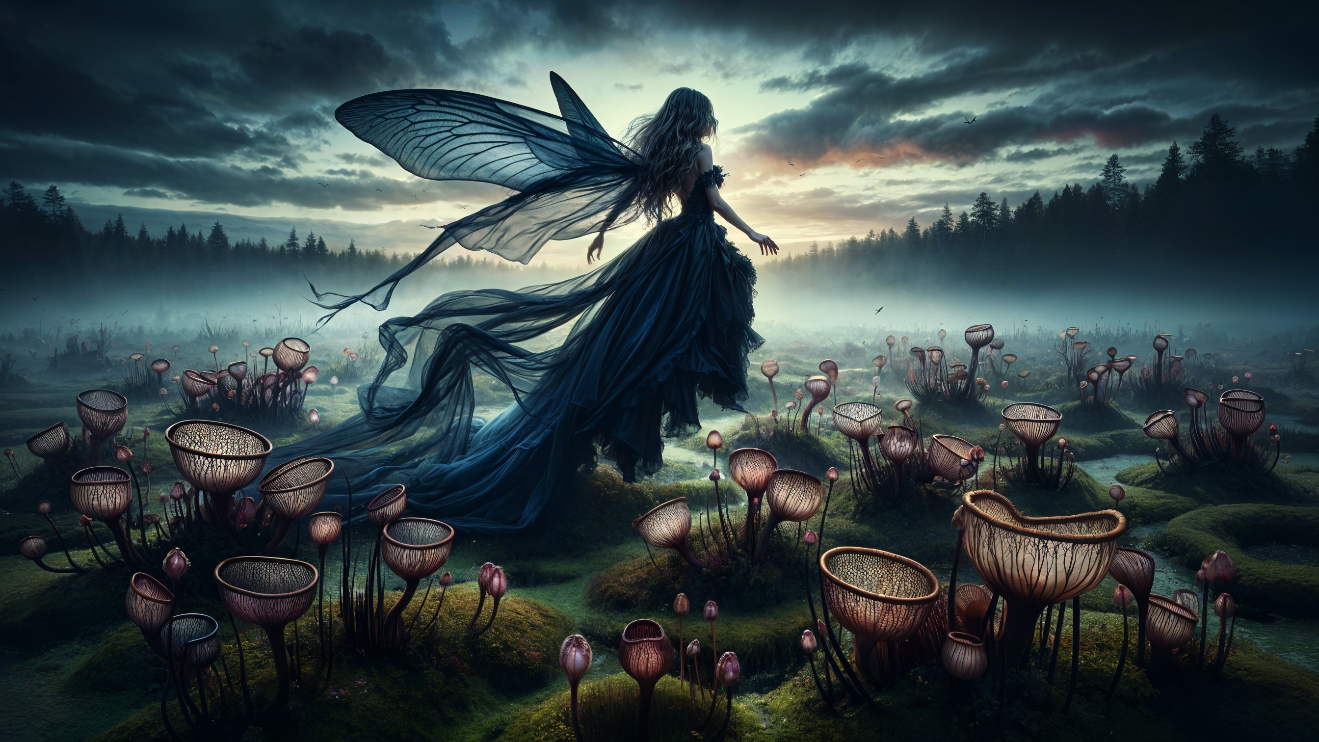Fairy in Blue Gown Amidst Enchanting Landscape