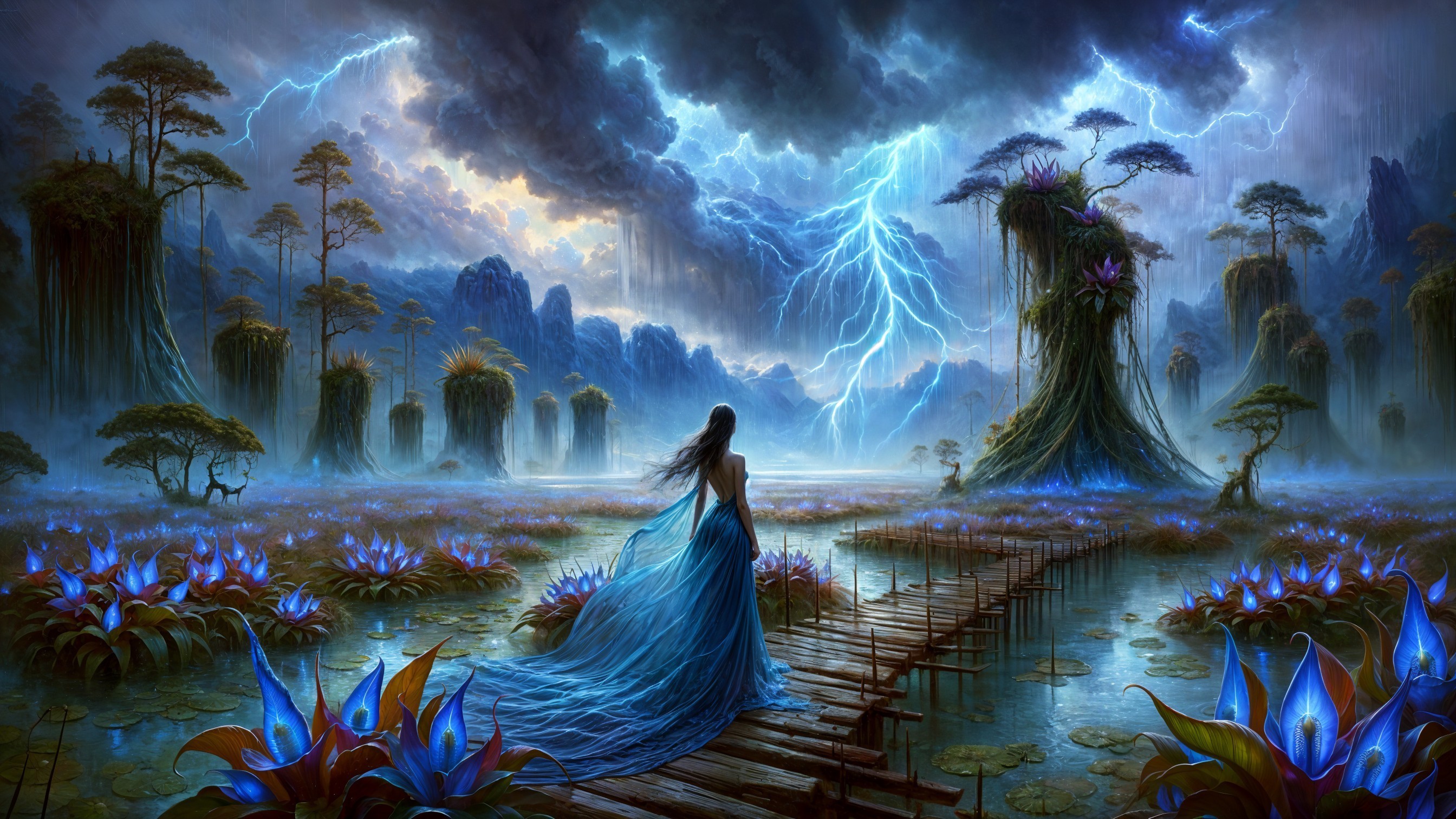 Mystical Landscape with Serene Figure and Surreal Flora