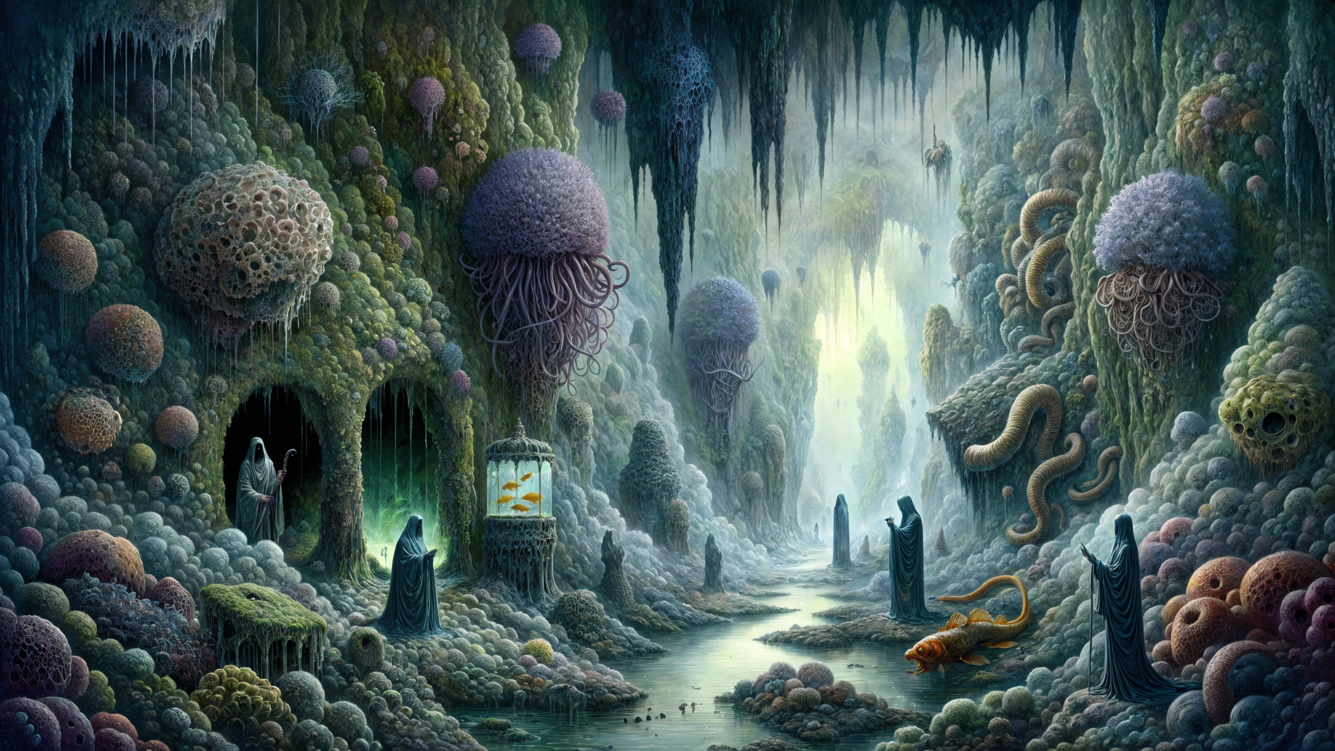Bioluminescent Fungi and Surreal Landscape in Cavern