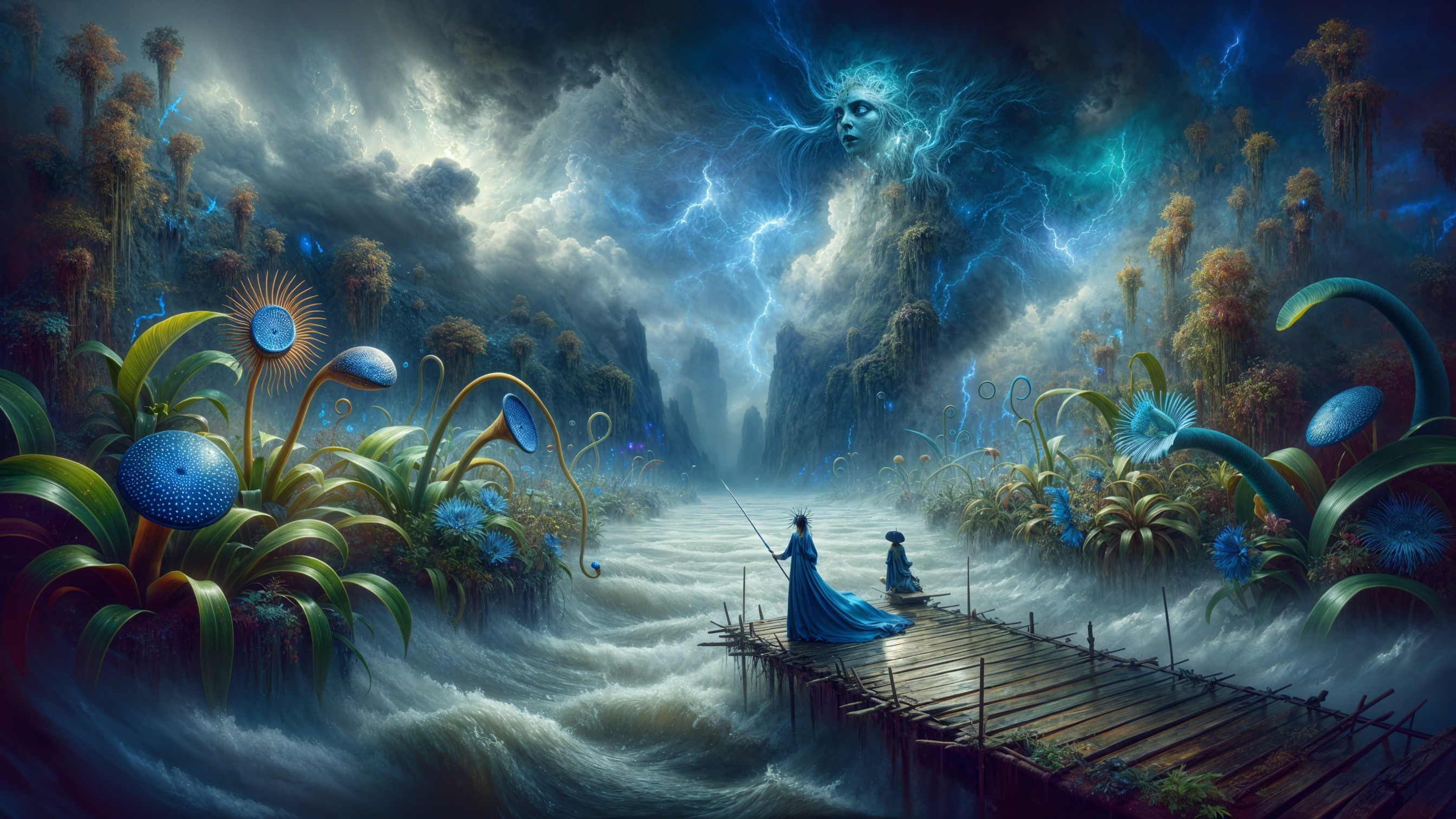 Surreal Landscape with Vibrant Plants and Stormy Sky