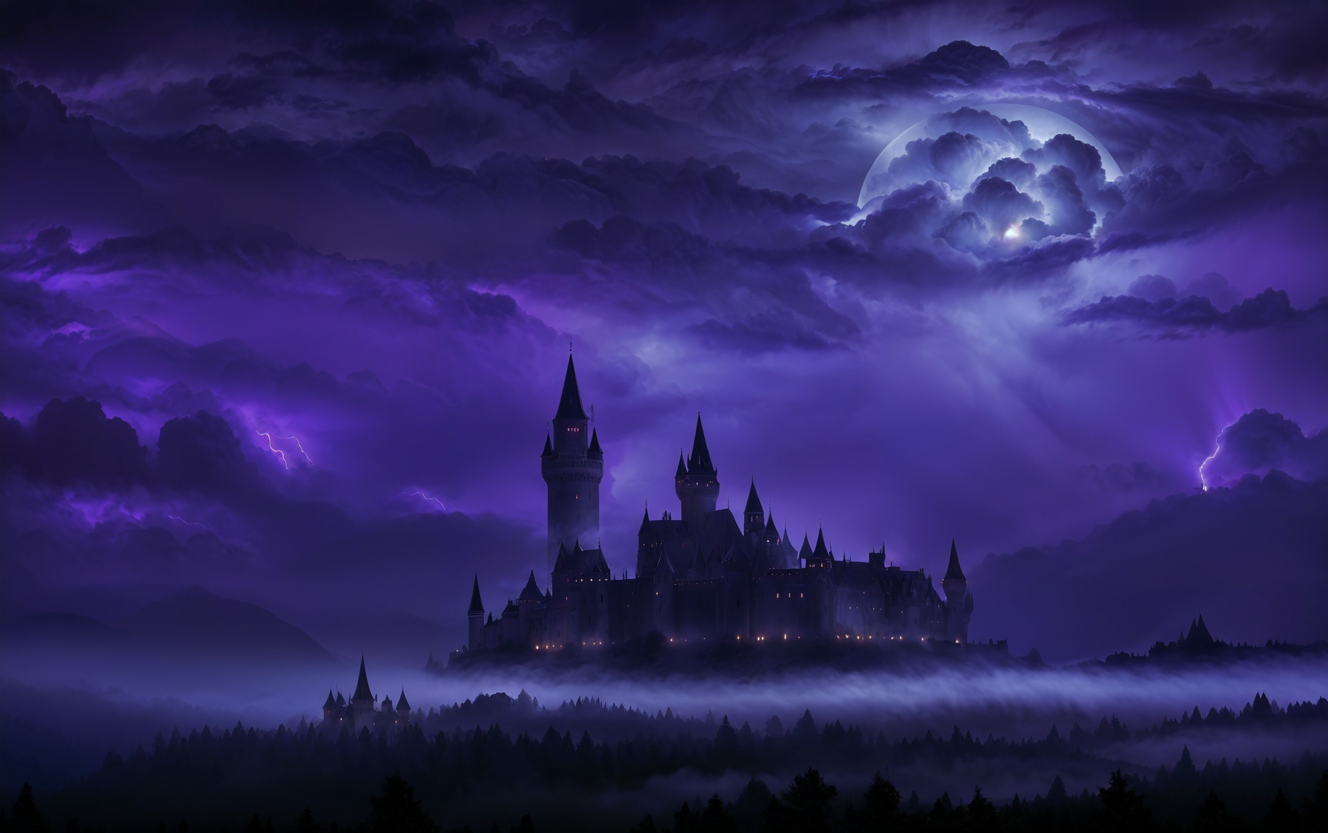 Majestic castle on a misty hill under twilight sky