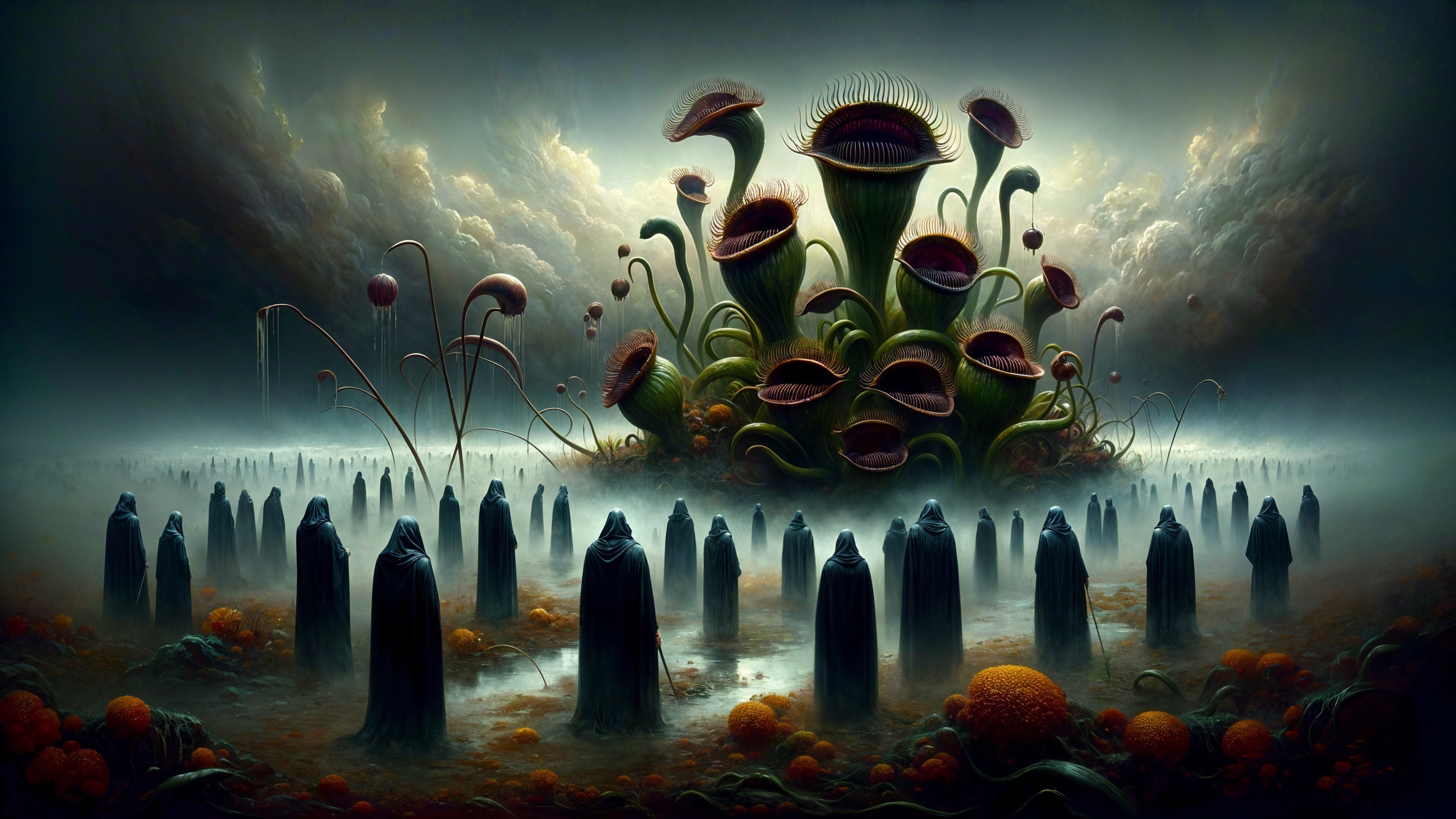 Surreal Landscape with Carnivorous Plants and Cloaked Figures
