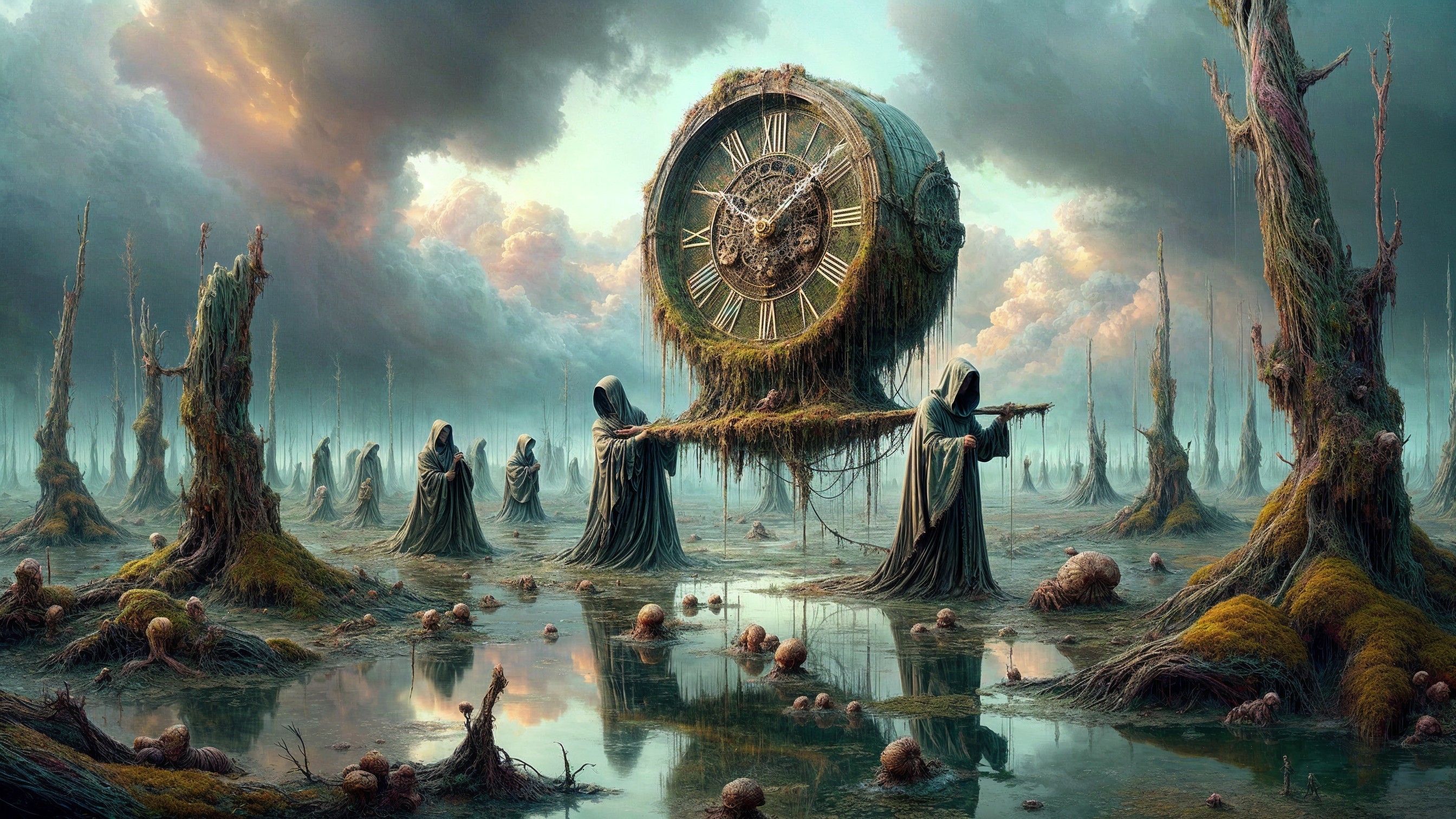 Surreal Landscape with Twisted Trees and Cloaked Figures