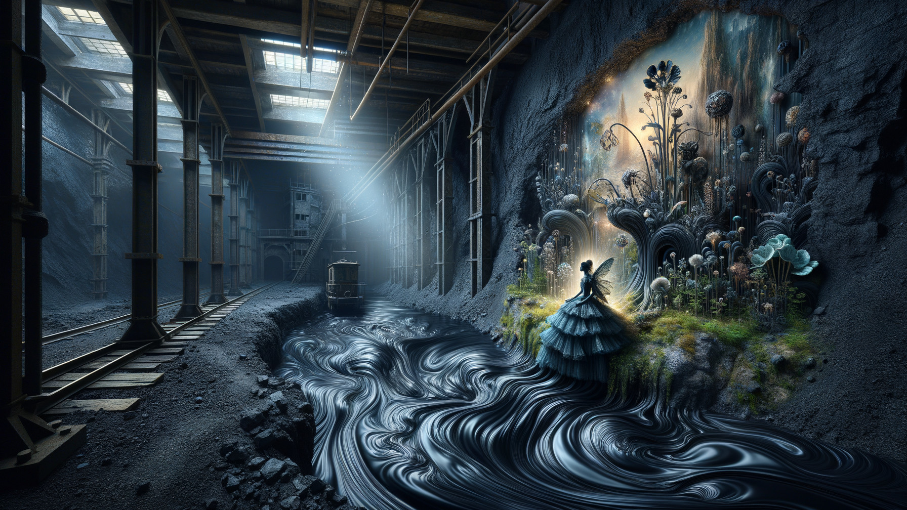 Young girl by dark stream in whimsical underground scene