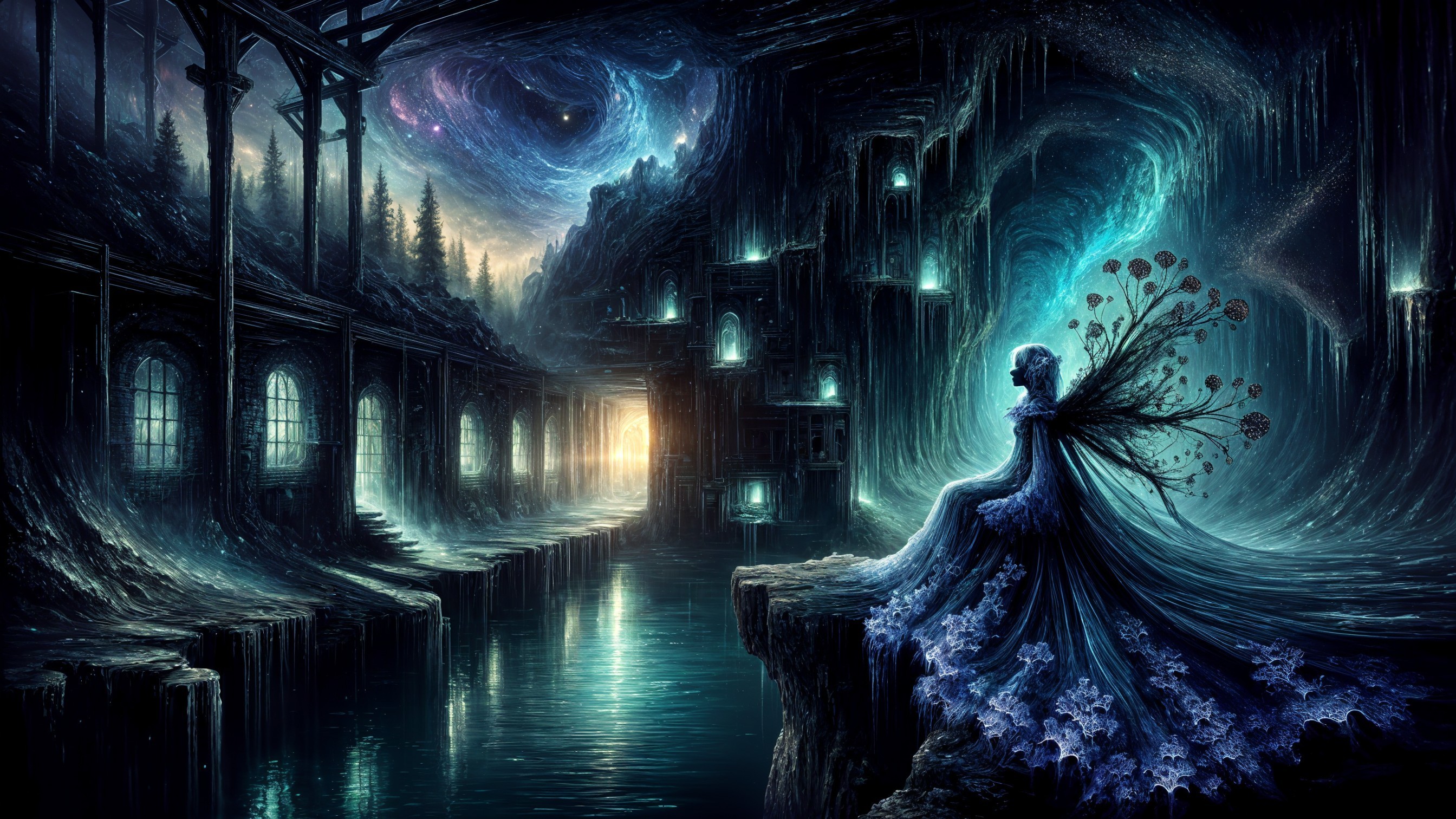 Mystical cavern with serene waterway and ethereal lights