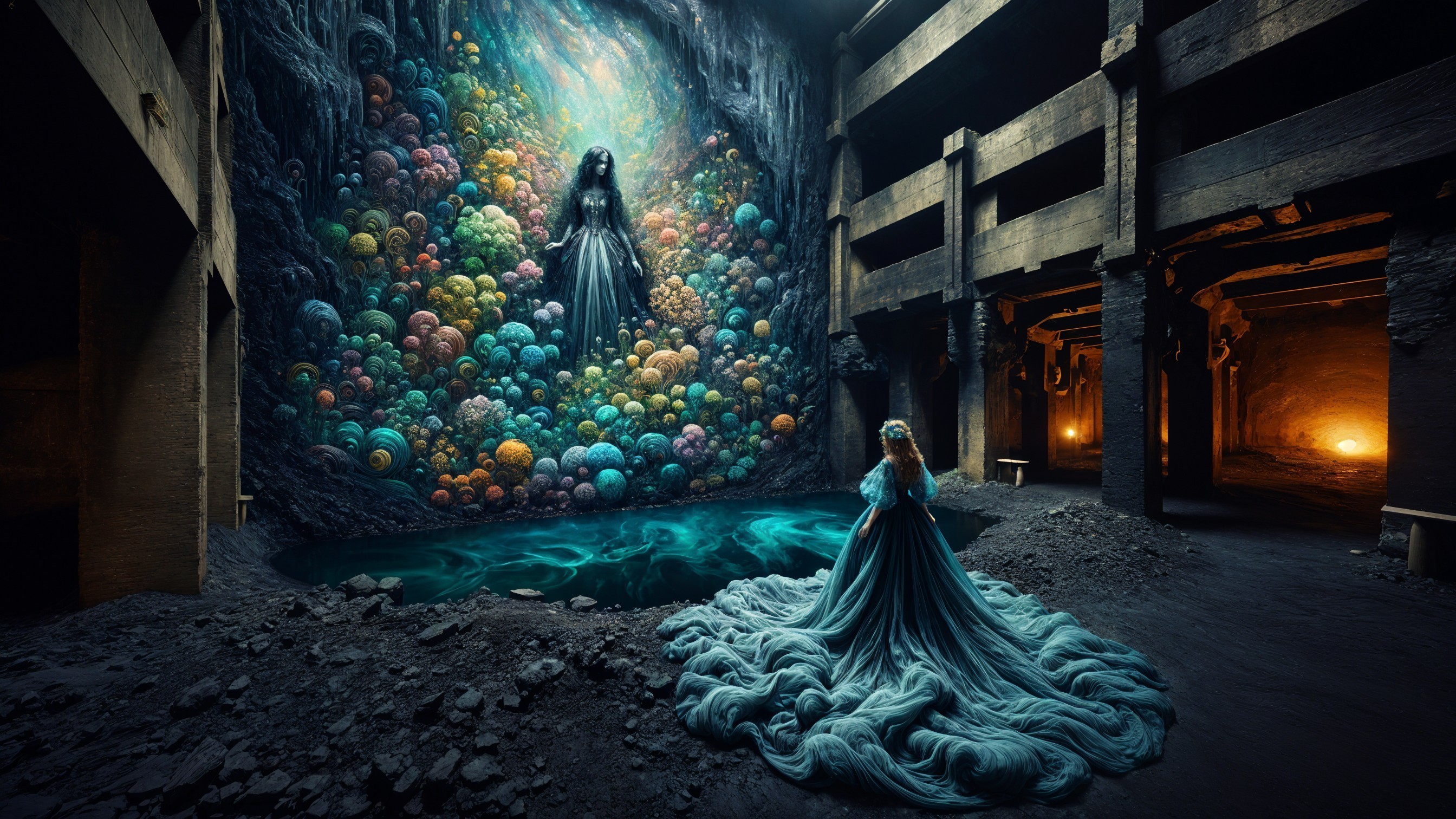 Cavernous Space with Mystical Mural and Blue Gown