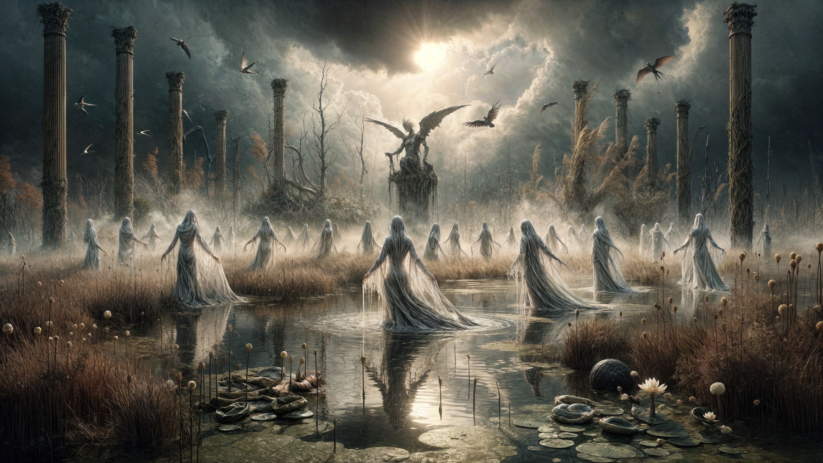Surreal Landscape with Ghostly Figures and Statues