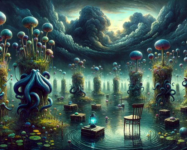 Surreal landscape with luminescent fungi and creatures