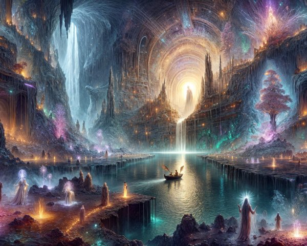 Ethereal Underground Cavern with Glowing Crystals