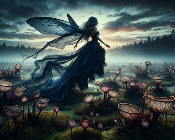 Fairy in Blue Gown Amidst Enchanting Landscape