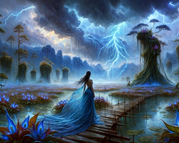 Mystical Landscape with Serene Figure and Surreal Flora