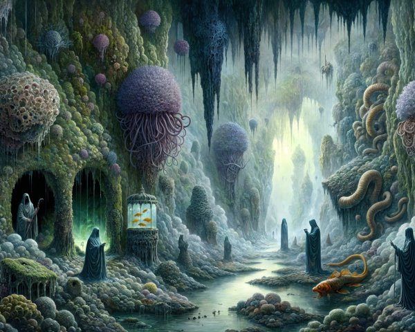 Bioluminescent Fungi and Surreal Landscape in Cavern