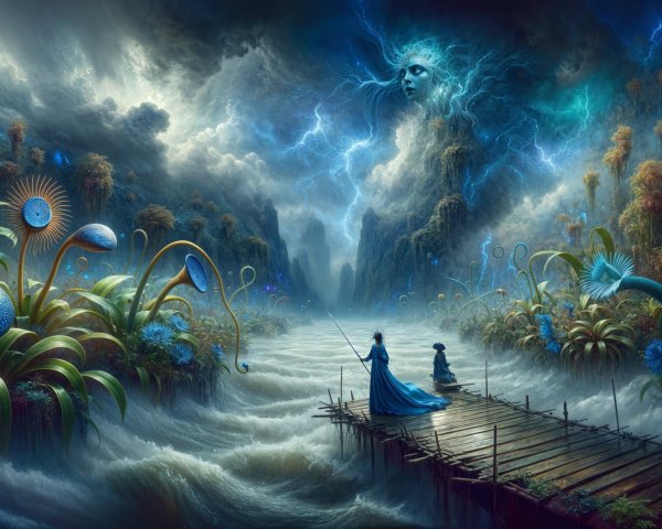 Surreal Landscape with Vibrant Plants and Stormy Sky