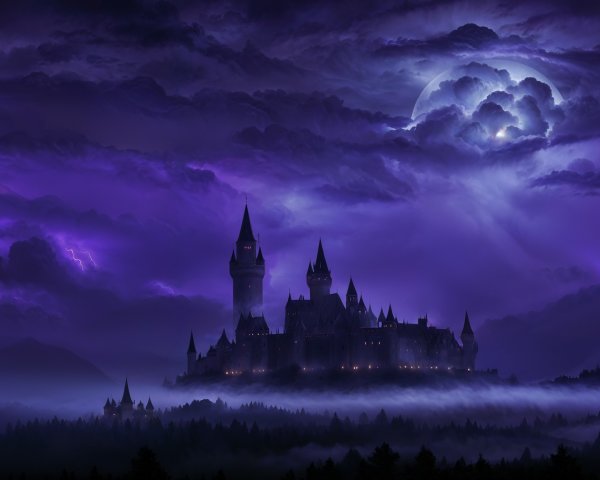 Majestic castle on a misty hill under twilight sky