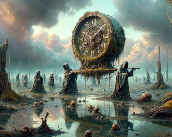 Surreal Landscape with Twisted Trees and Cloaked Figures