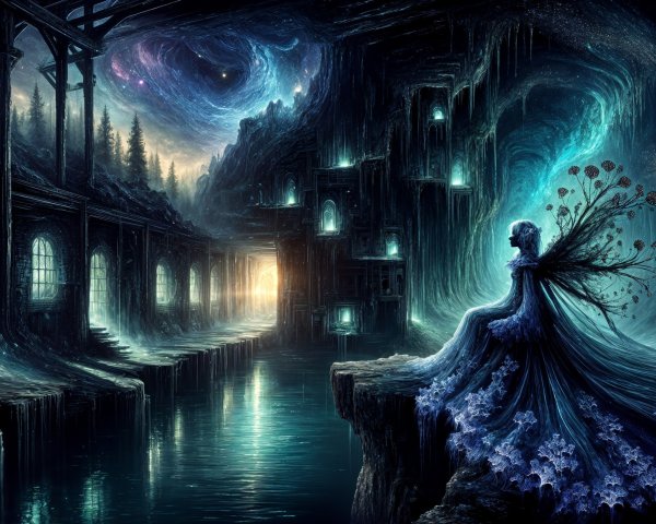Mystical cavern with serene waterway and ethereal lights