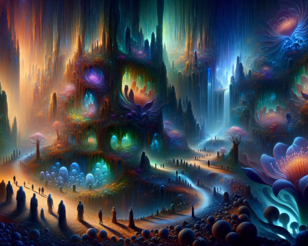 Vibrant Otherworldly Landscape with Colorful Formations