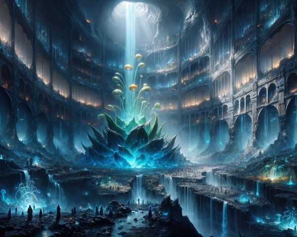 Underground Cavern with Ethereal Blue Light and Waterfalls